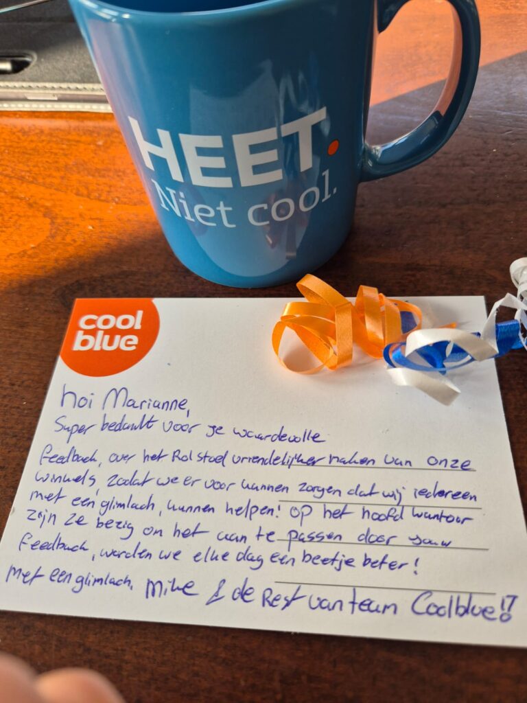 Foto: bericht van CoolBlue dat ze de winkels rolstoelvriendelijk gaan maken.
